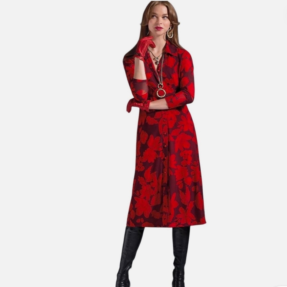 Cabi S Red Burgundy Floral Button-Front Midi Dress